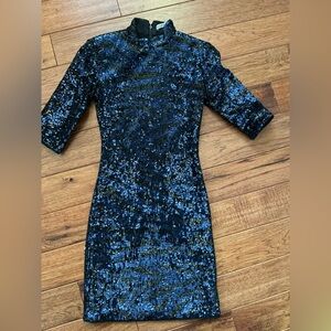Alice + Olivia black and blue tiger striped sequin dress, size 0
